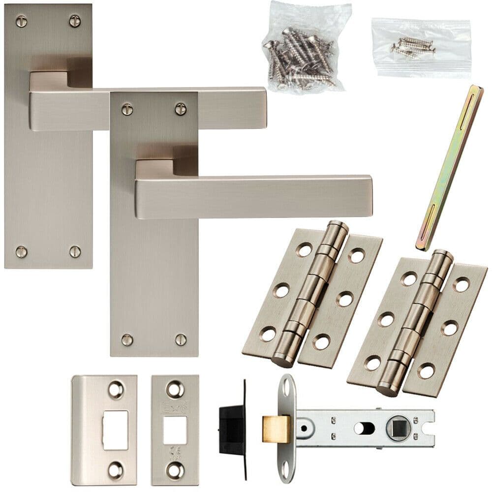 Door Handle & Latch Pack Satin Nickel Low Profile Square Lever Slim Backplate