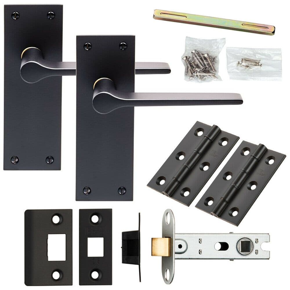 Door Handle & Latch Pack Matt Rounded Flat Bar Lever Slim Backplate