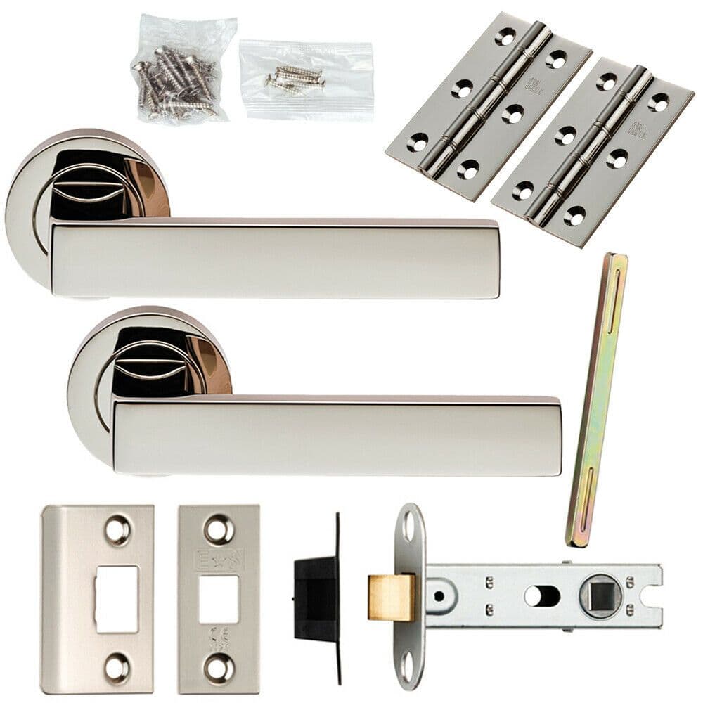 Door Handle & Latch Pack Polished Nickel Square Lever Screwless Round