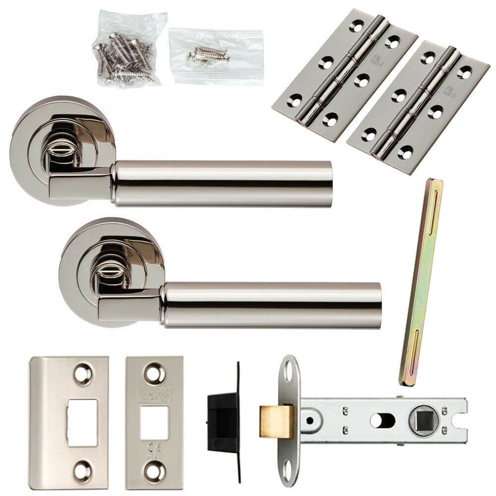 Door Handle & Latch Pack Polished Nickel Round Bar Lever Screwless Round Rose