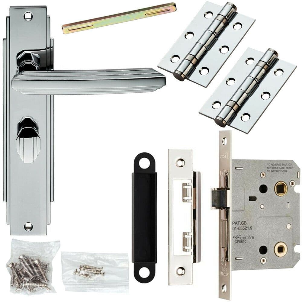 Door Handle & Bathroom Lock Pack Chrome Art Deco Premium Thumb Turn Backplate