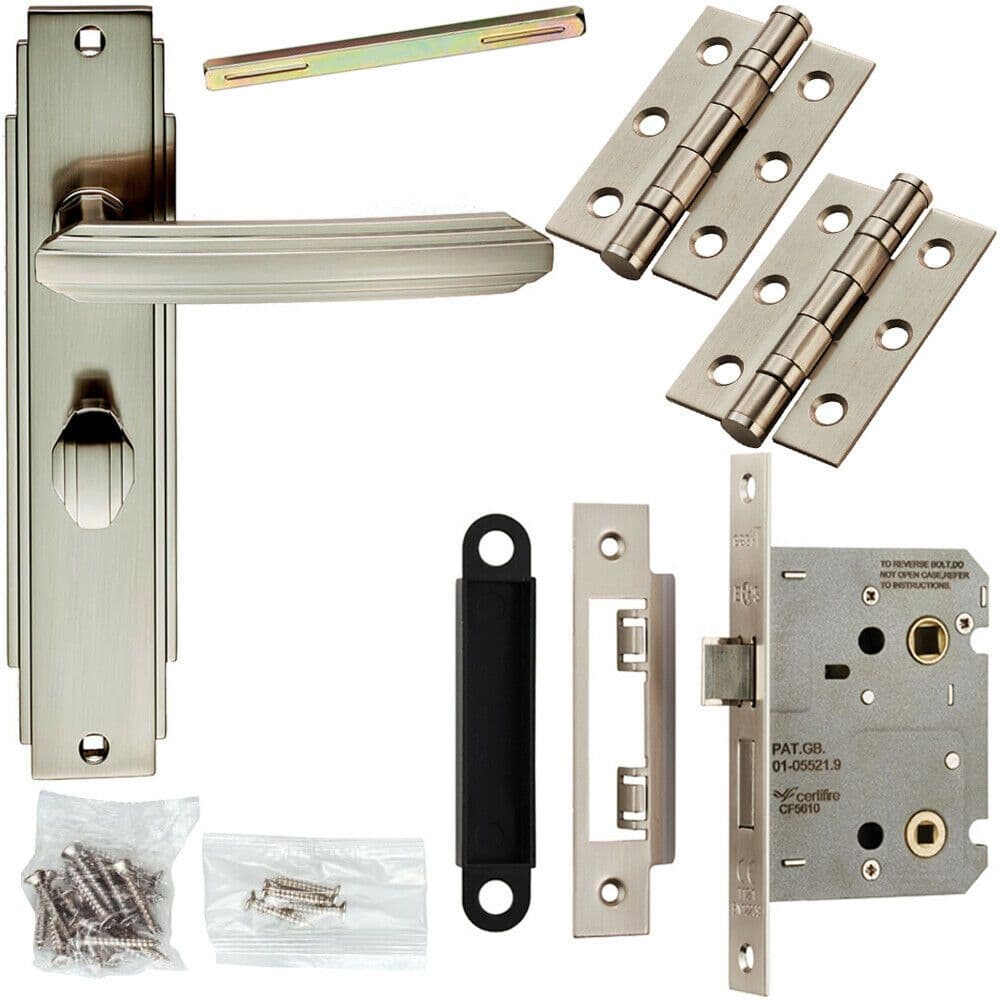 Door Handle & Bathroom Lock Pack Satin Nickel Art Deco Detail Premium Backplate
