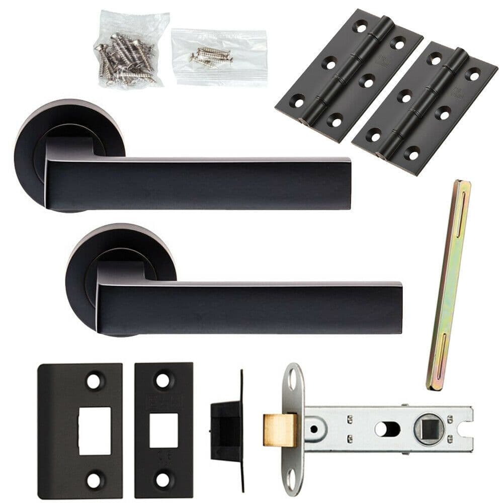 Door Handle & Latch Pack Matt Straight Square Lever Screwless Round Rose