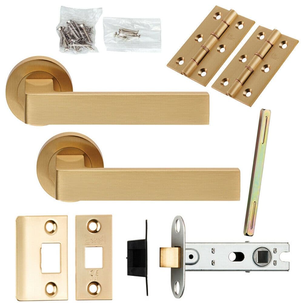 Door Handle & Latch Pack Satin Brass Straight Lever Screwless Round