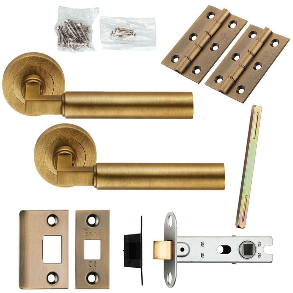 Door Handle & Latch Pack Antique Brass Straight Round Bar Srewless Round