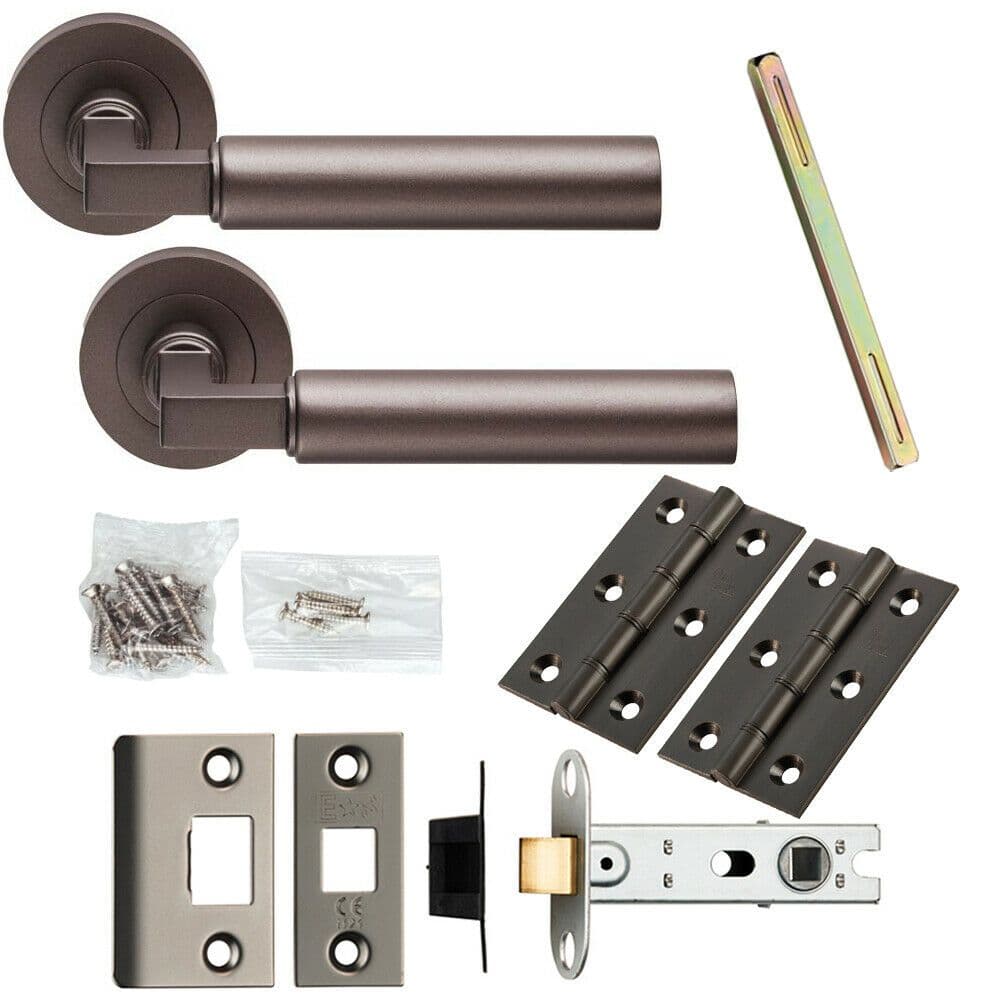 Door Handle & Latch Pack Matt Bronze Straight Round Bar Screwless Round Rose