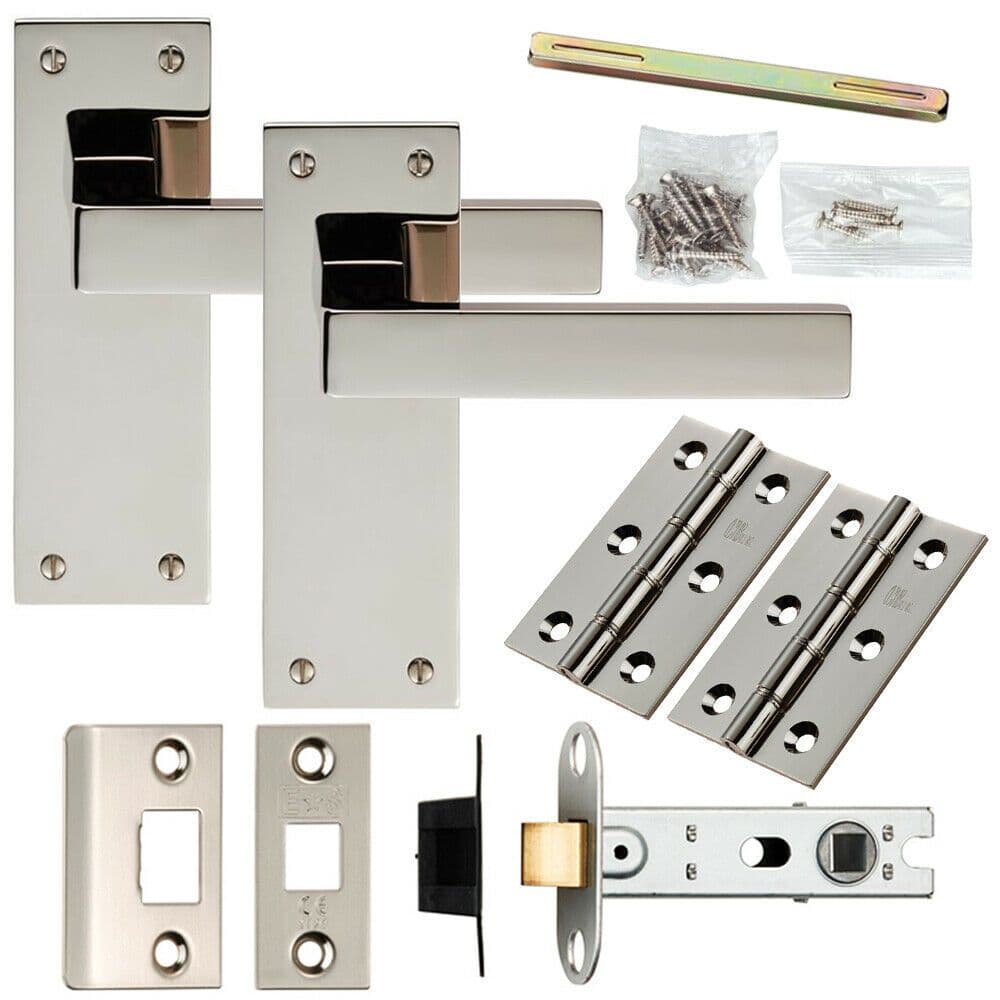 Door Handle & Latch Pack Polished Nickel Square Lever Slim Latch Backplate