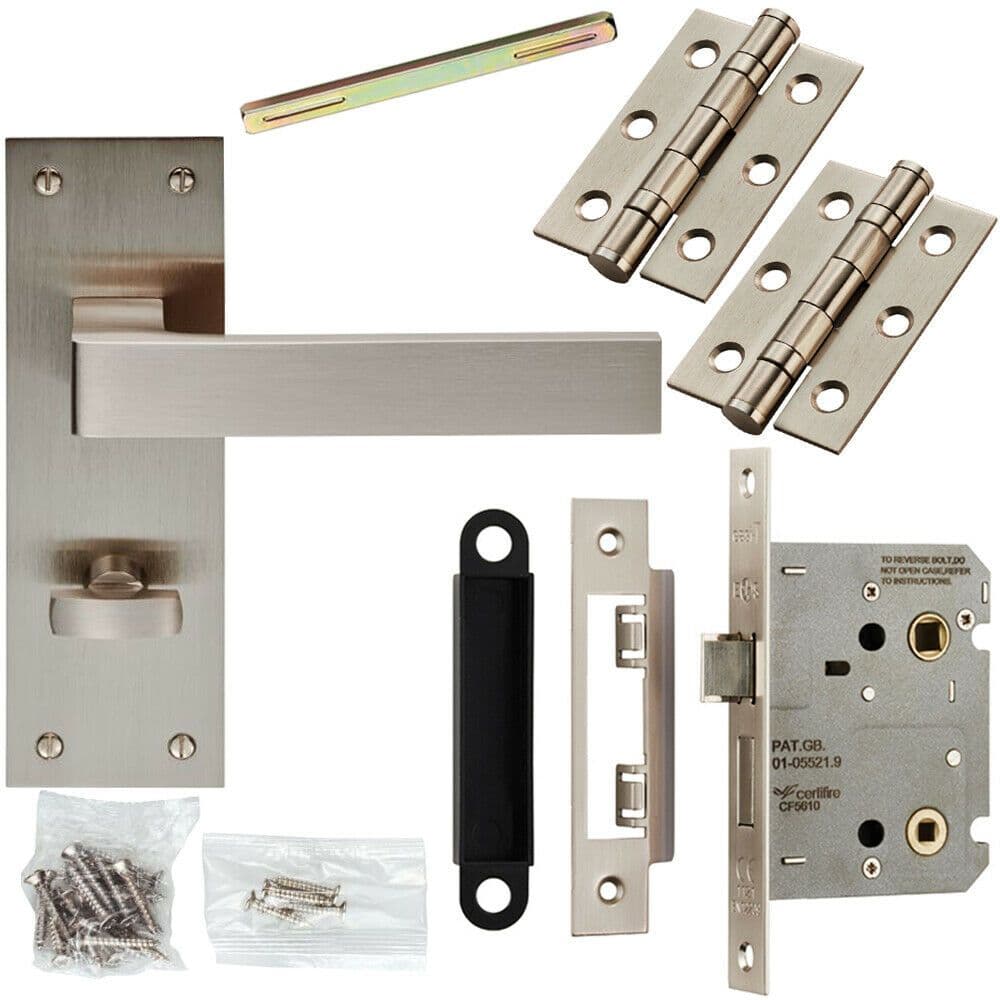 Door Handle & Bathroom Lock Pack Satin Nickel Square Bar Low Profile Backplate