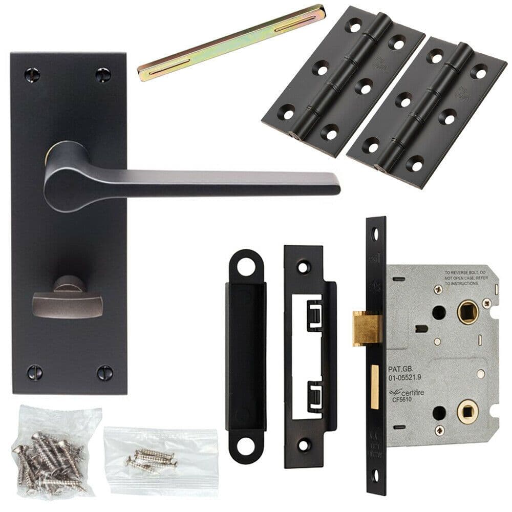 Door Handle & Bathroom Lock Pack Matt Flat Lever Thumb Turn Backplate
