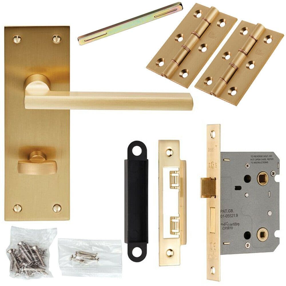 Door Handle & Bathroom Lock Pack Satin Brass Straight Lever Turn Backplate