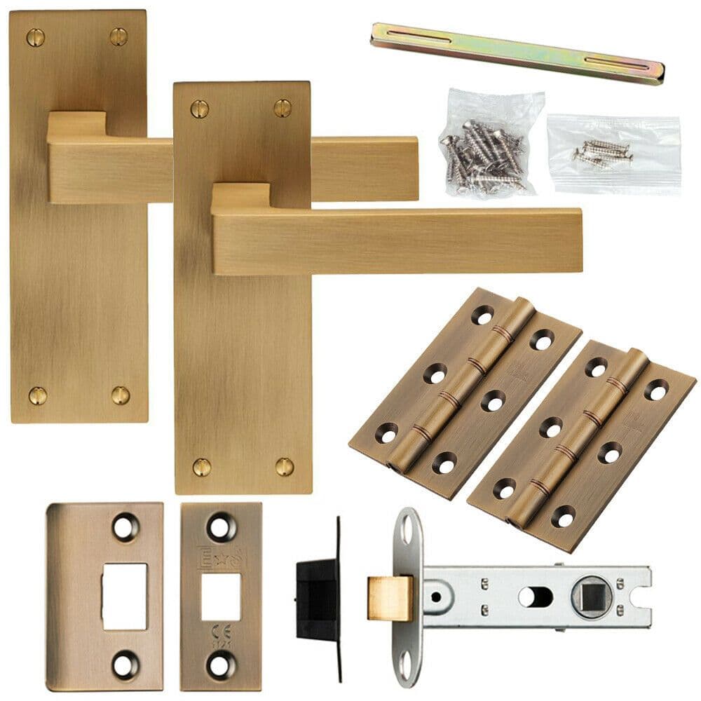 Door Handle & Latch Pack Antique Brass Straight Square Lever Slim Backplate