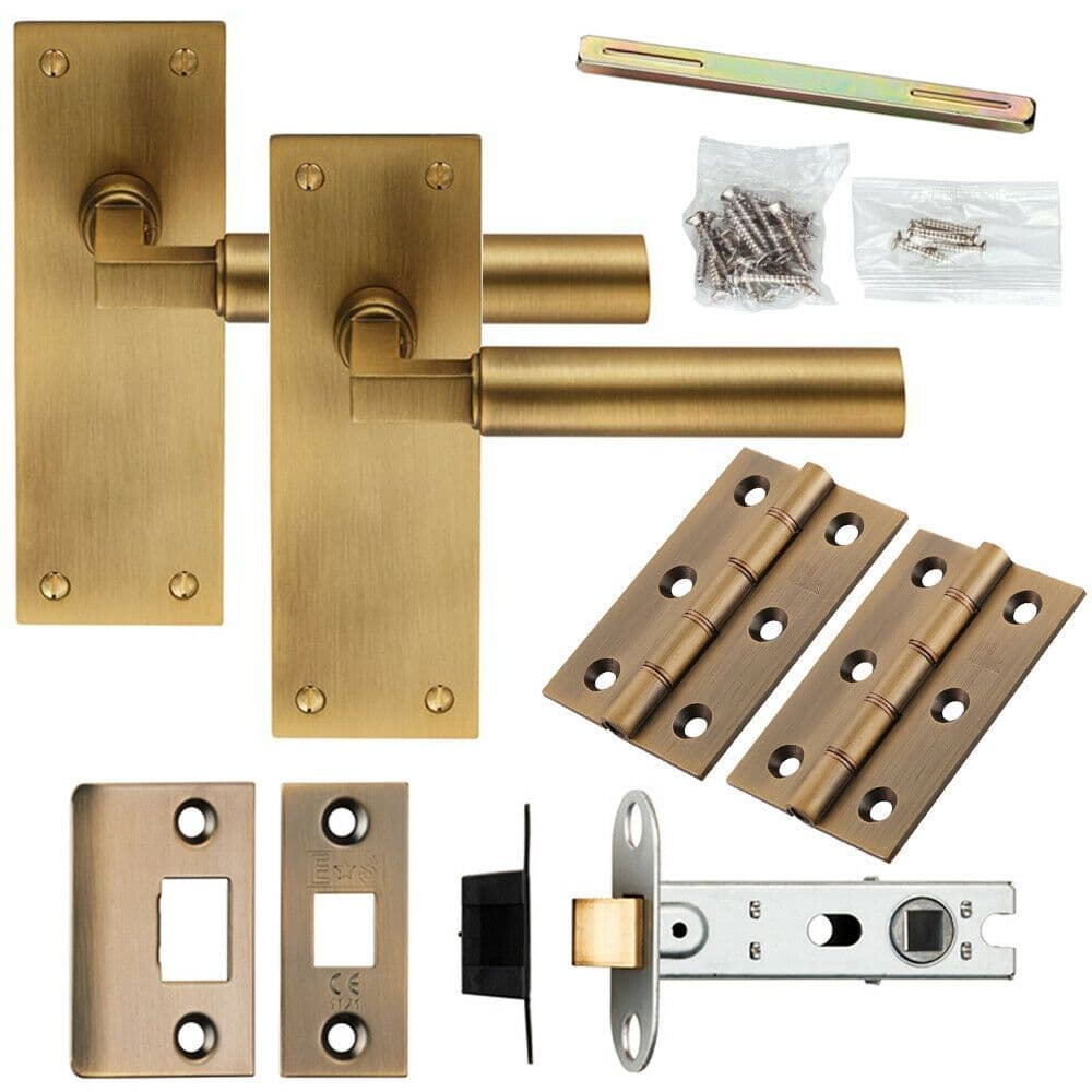 Door Handle & Latch Pack Antique Brass Straight Round Bar Lever Slim Backplate