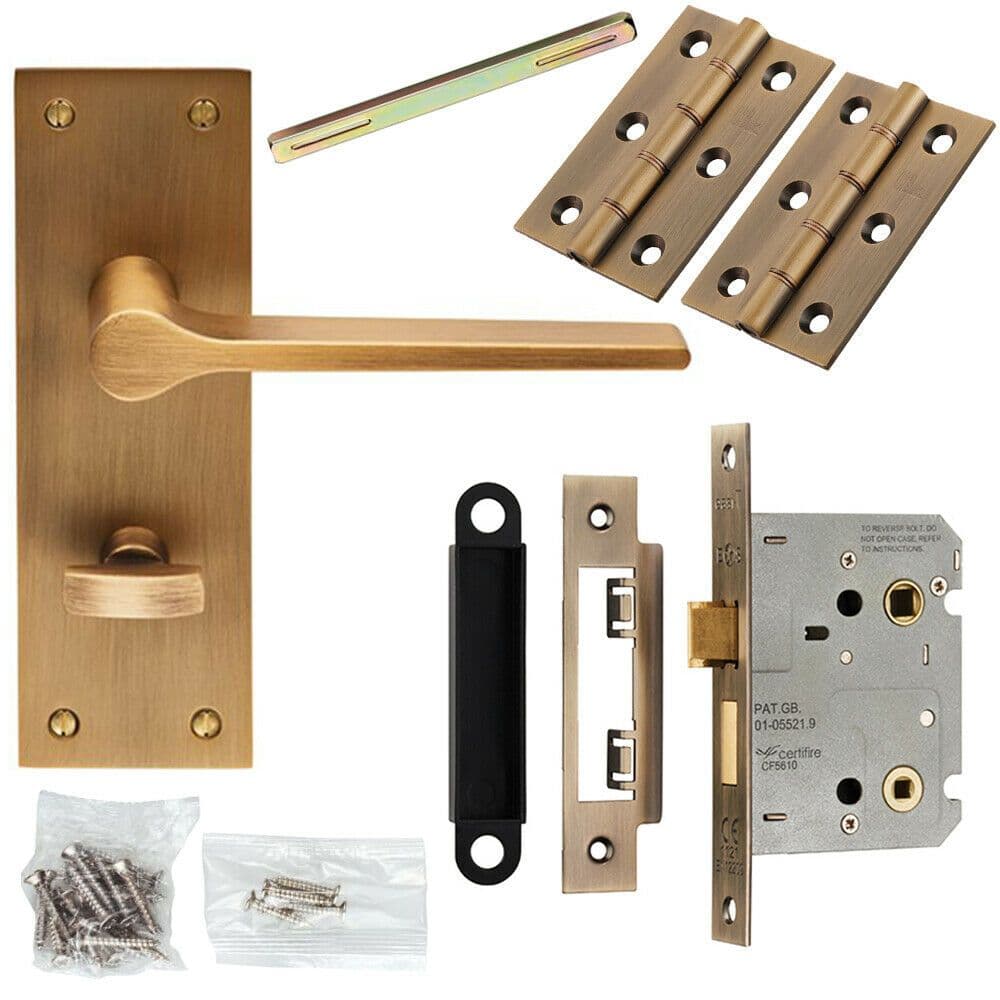 Door Handle & Bathroom Lock Pack Antique Brass Flat Lever Thumb Turn Backplate