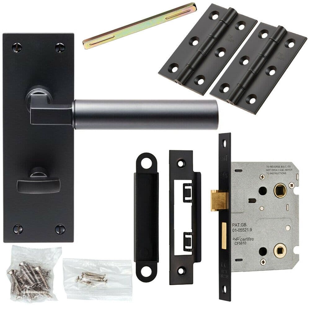 Door Handle & Bathroom Lock Pack Matt Round Lever Thumb Turn Backplate