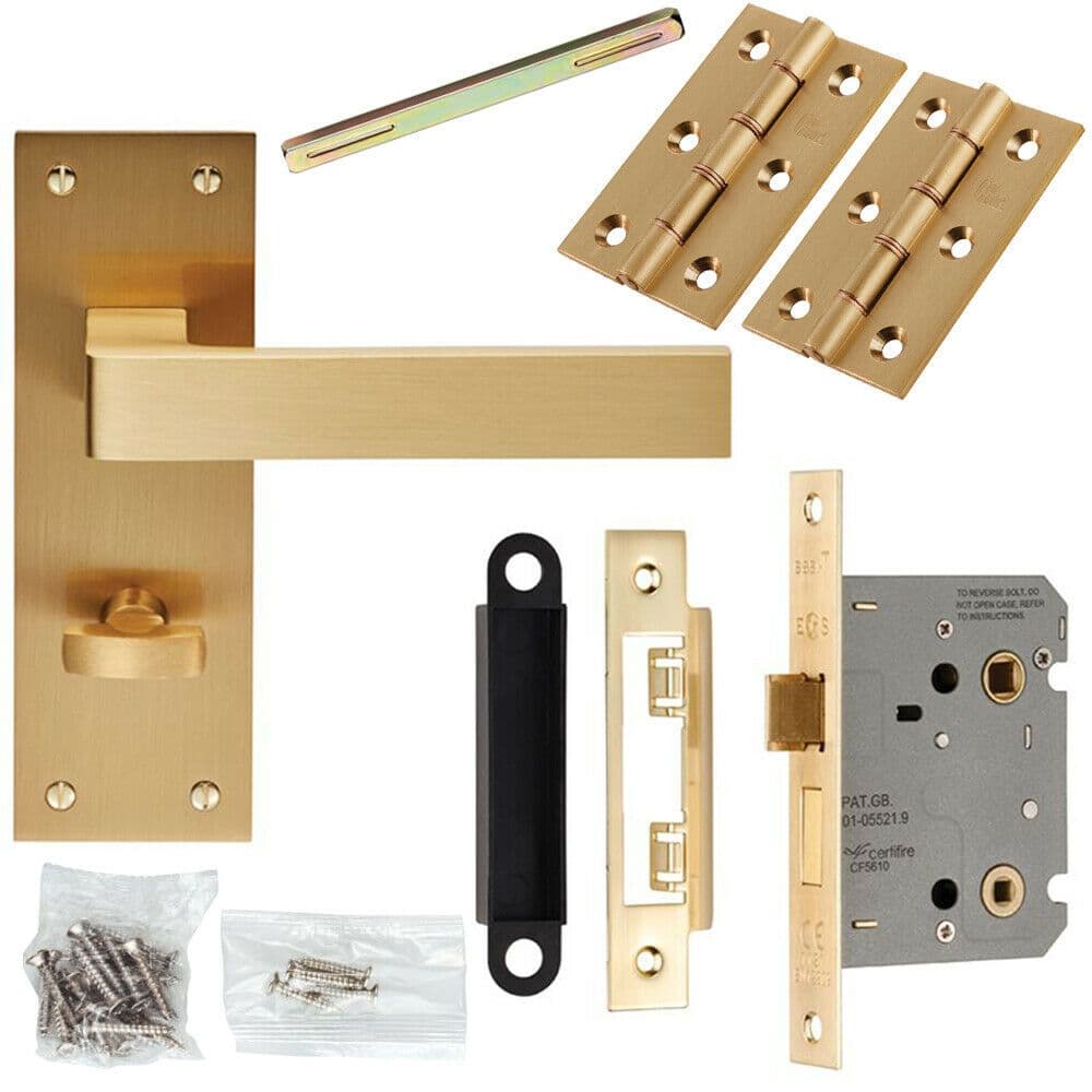 Door Handle & Bathroom Lock Pack Satin Brass Square Lever Turn Backplate