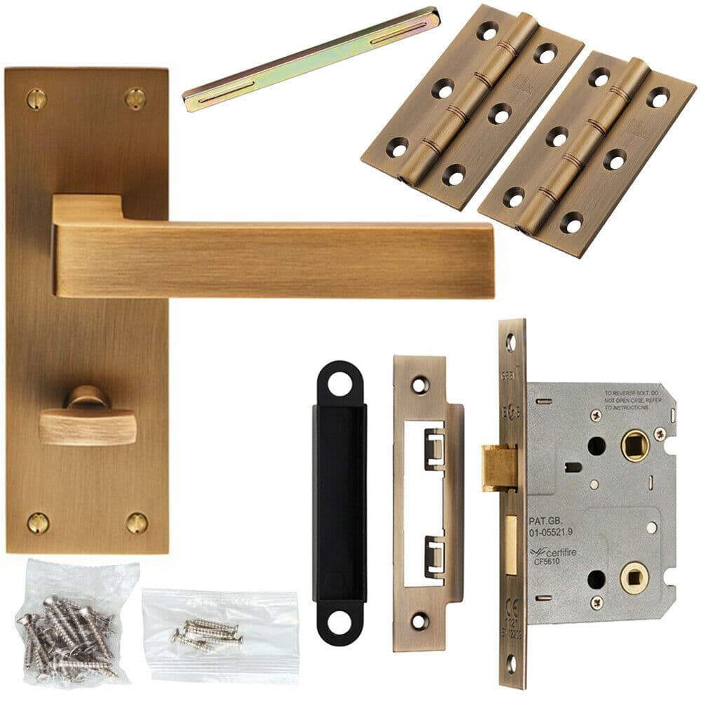 Door Handle & Bathroom Lock Pack Antique Brass Square Lever Turn Backplate