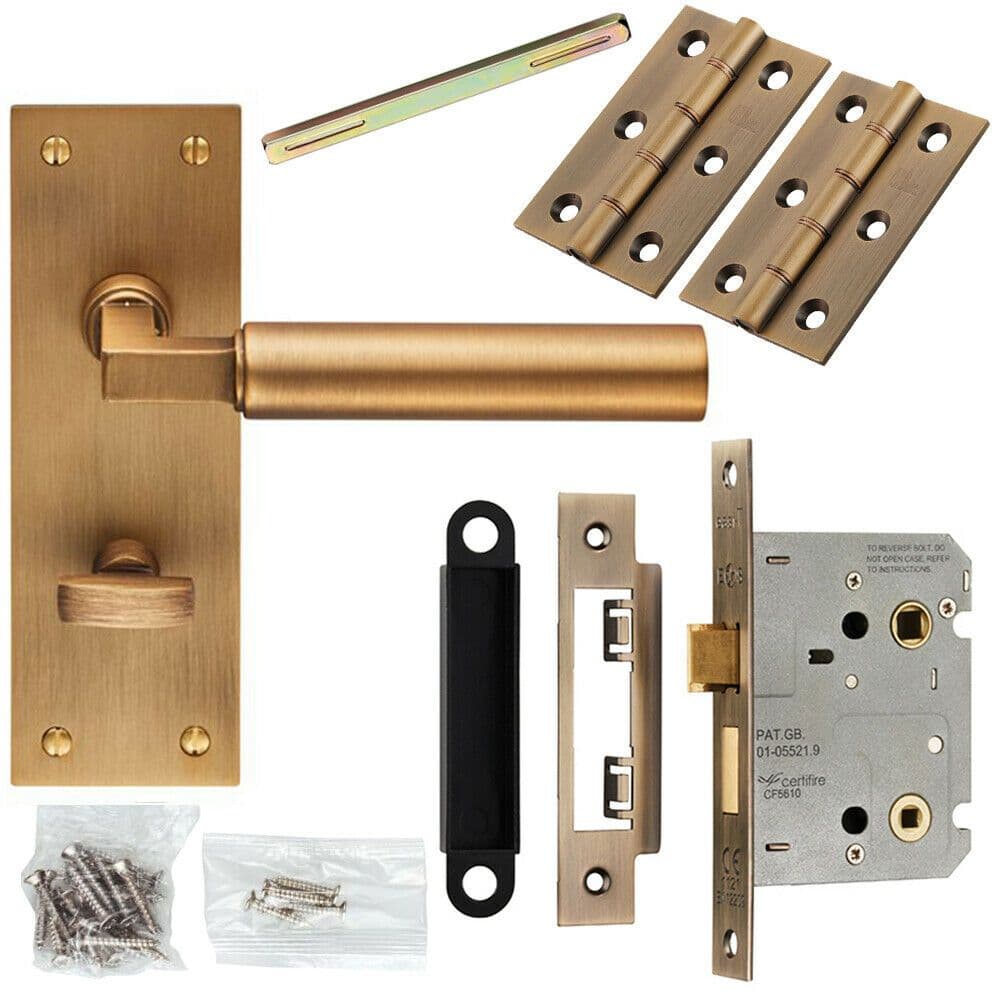 Door Handle & Bathroom Lock Pack Antique Brass Round Lever Slim Turn Backplate