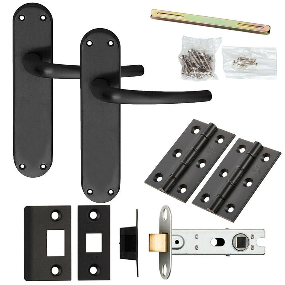 Door Handle & Latch Pack Matt Curved Round Lever Slim Curved Backplate