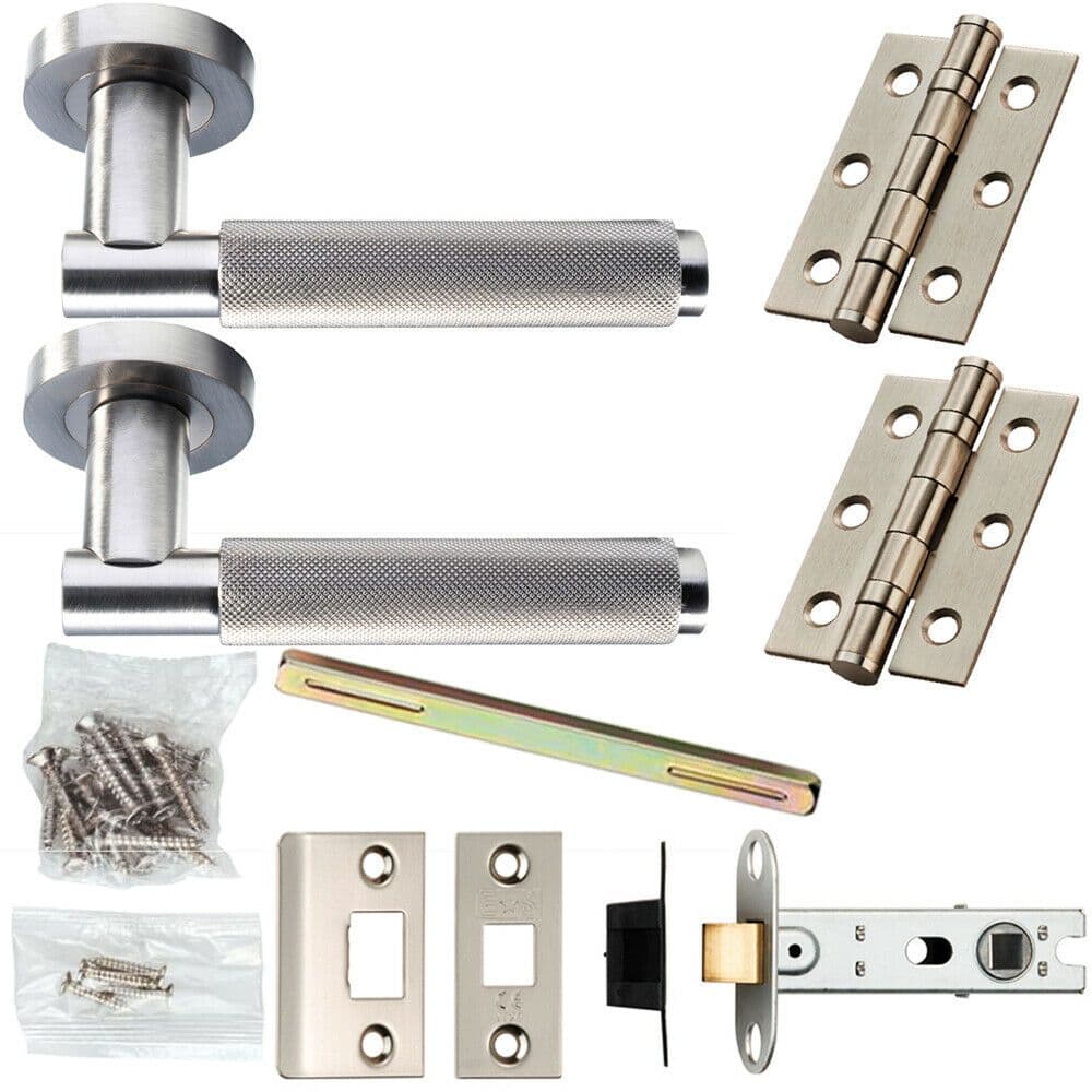 Door Handle & Latch Pack Satin Nickel Modern Knurled Bar Screwless Round Rose
