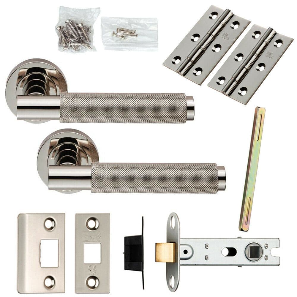 Door Handle & Latch Pack Polished Nickel Knurled Lever Screwless Round Rose