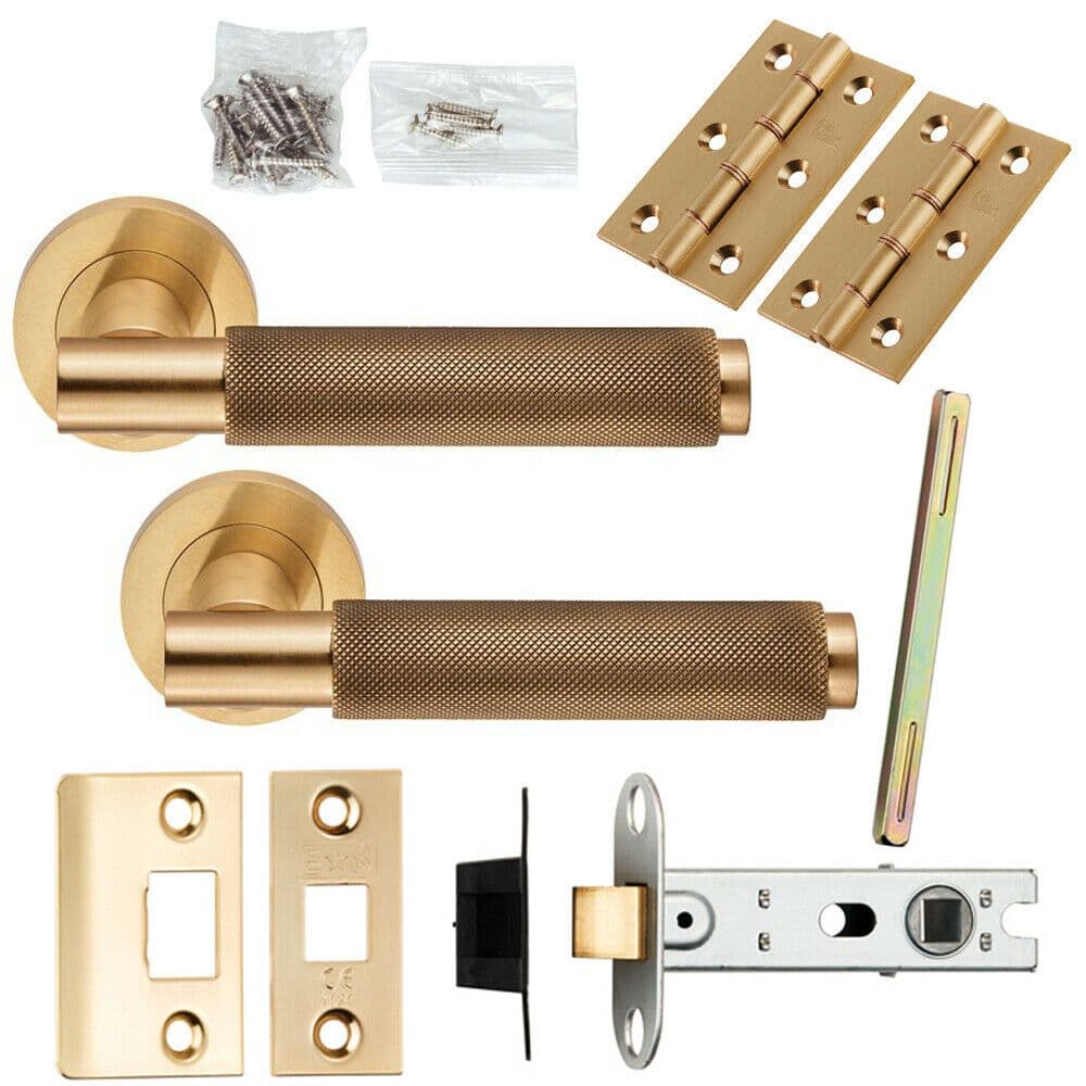 Door Handle & Latch Pack Satin Brass Knurled Round Lever Screwless Round Rose