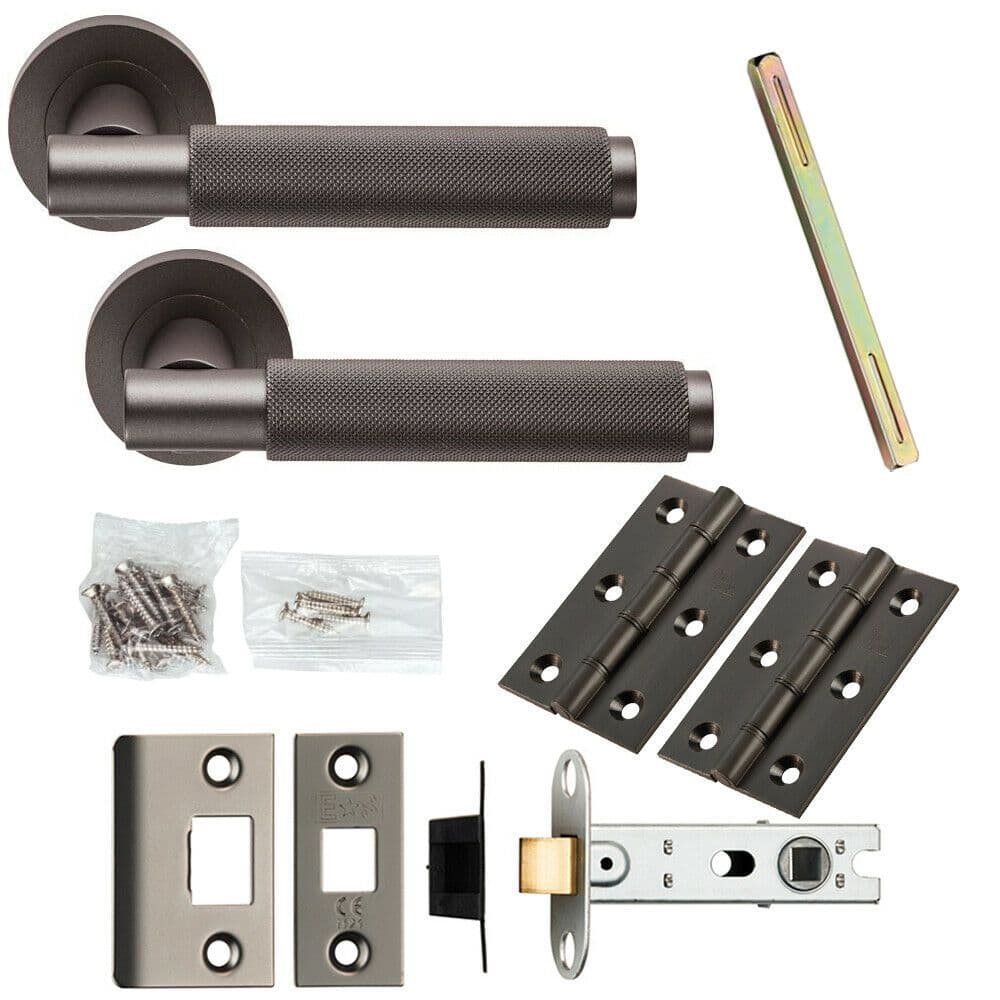 Door Handle & Latch Pack Matt Bronze Knurled Round Bar Screwless Round