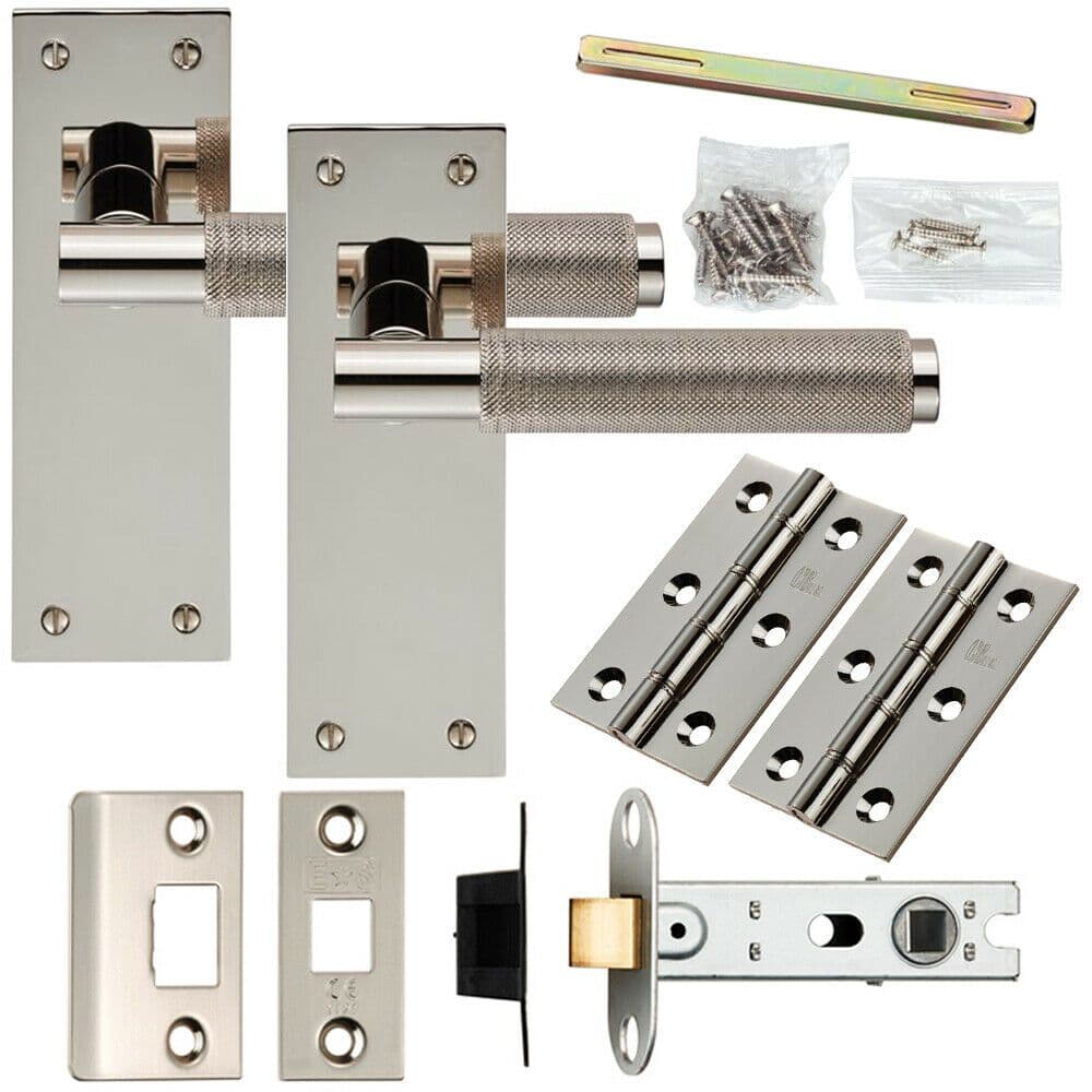 Door Handle & Latch Pack Polished Nickel Knurled Round Lever Slim Backplate