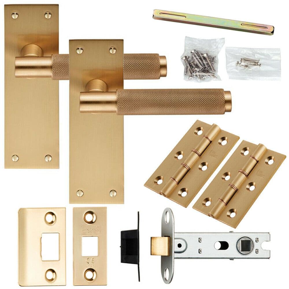 Door Handle & Latch Pack Satin Brass Knurled Round Bar Lever Slim Backplate