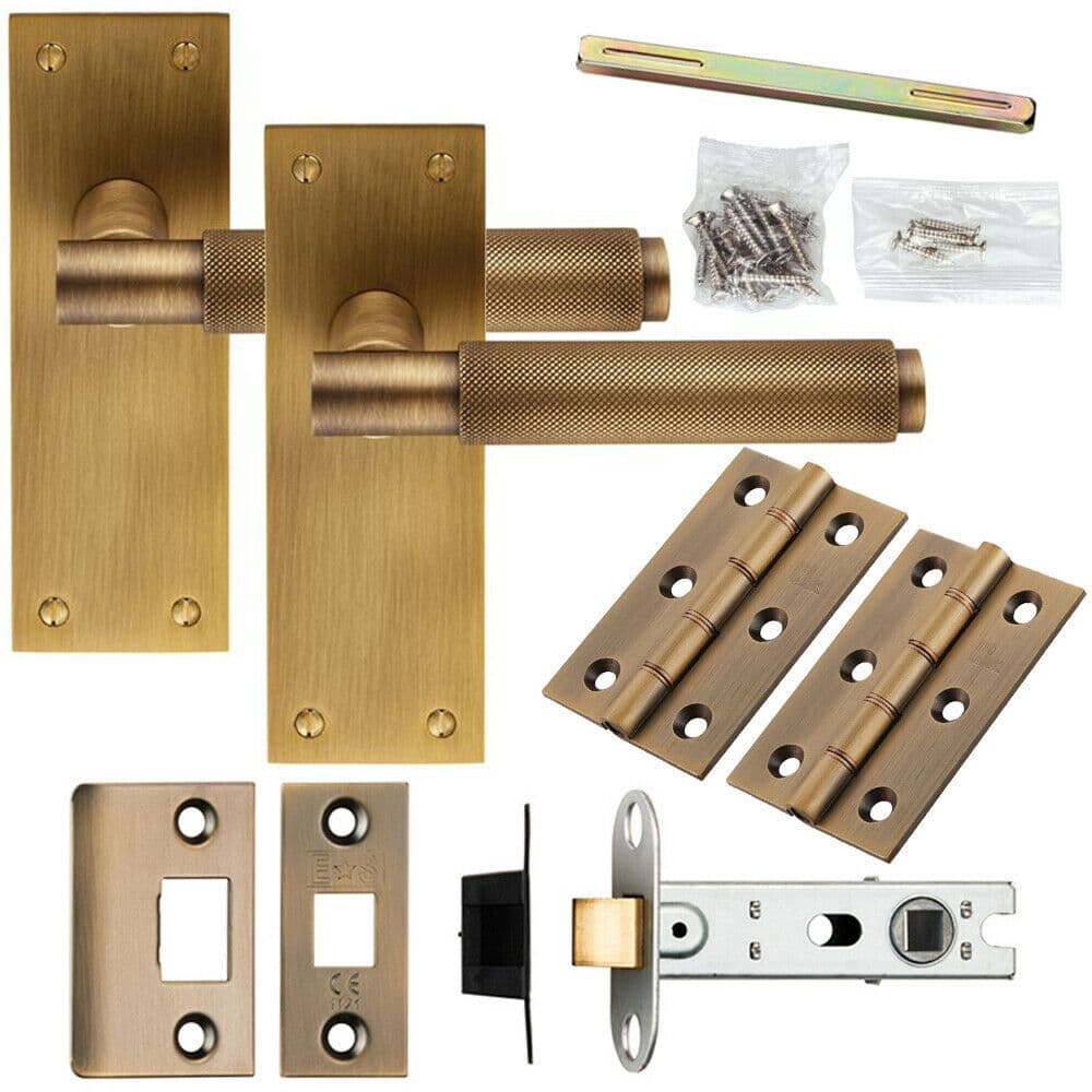 Door Handle & Latch Pack Antique Brass Knurled Round Lever Slim Backplate