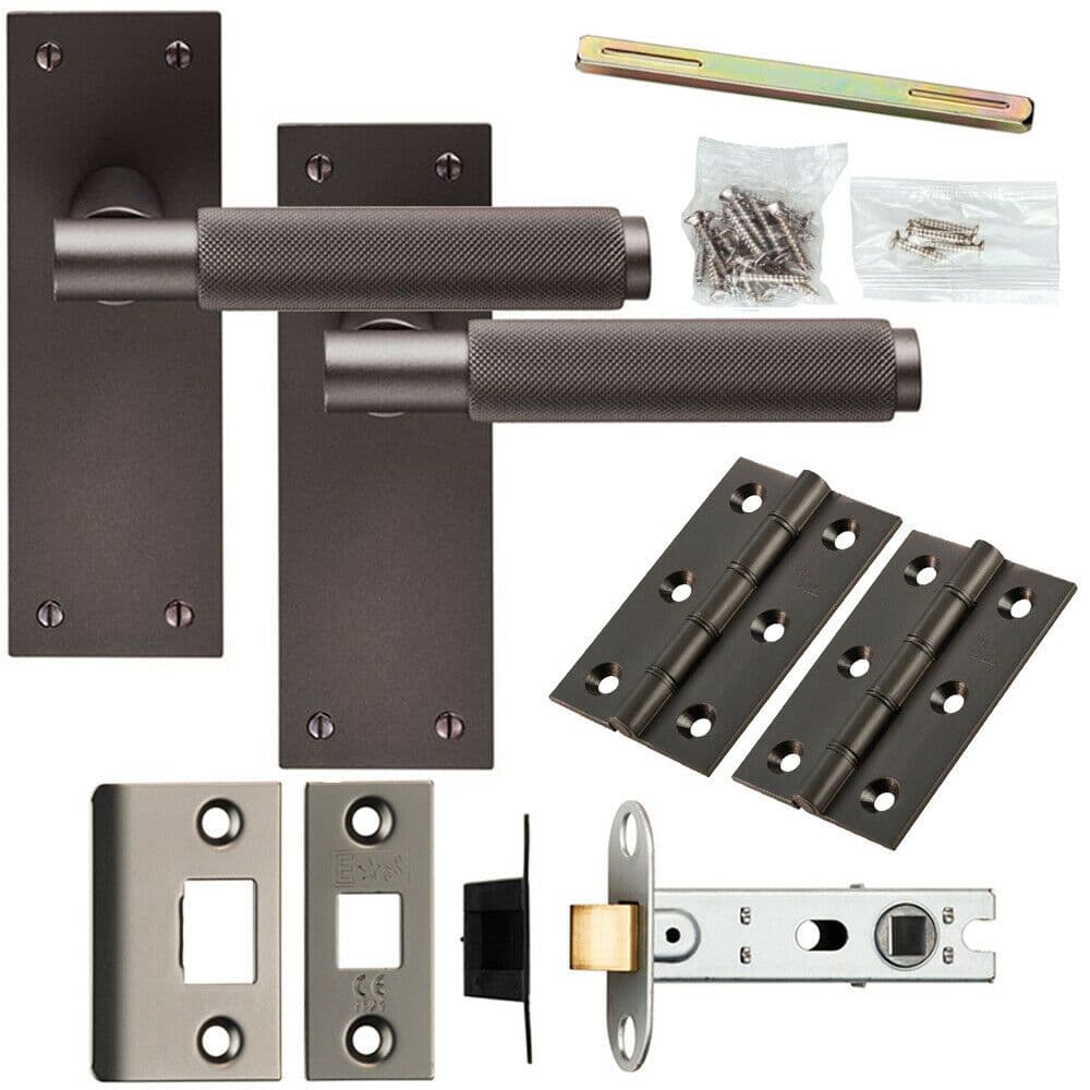 Door Handle & Latch Pack Matt Bronze Knurled Round Lever Slim Latch Backplate