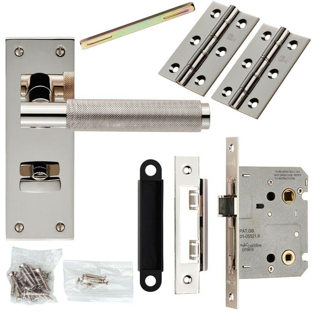 Door Handle & Bathroom Lock Pack Polished Nickel Knurled Lever Turn Backplate