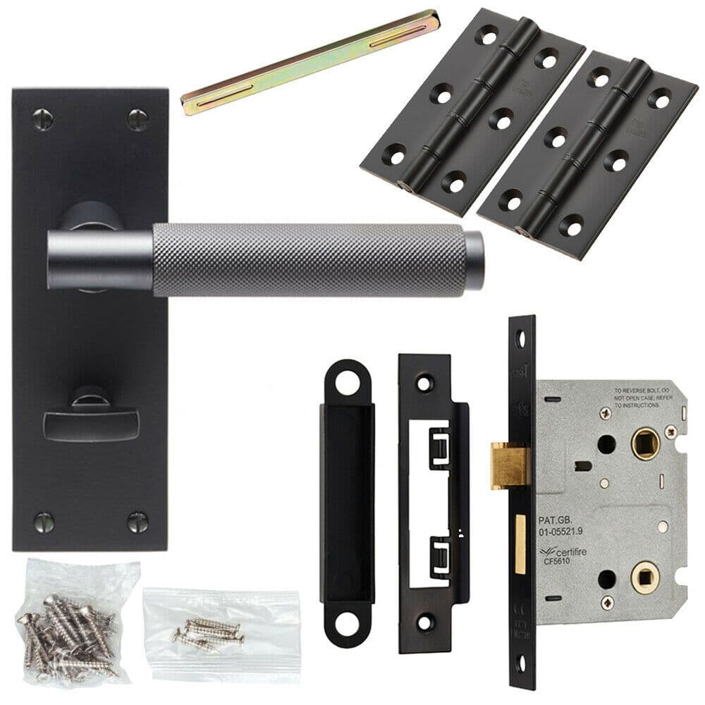 Door Handle & Bathroom Lock Pack Matt Black Knurled Lever Thumb Turn Backplate