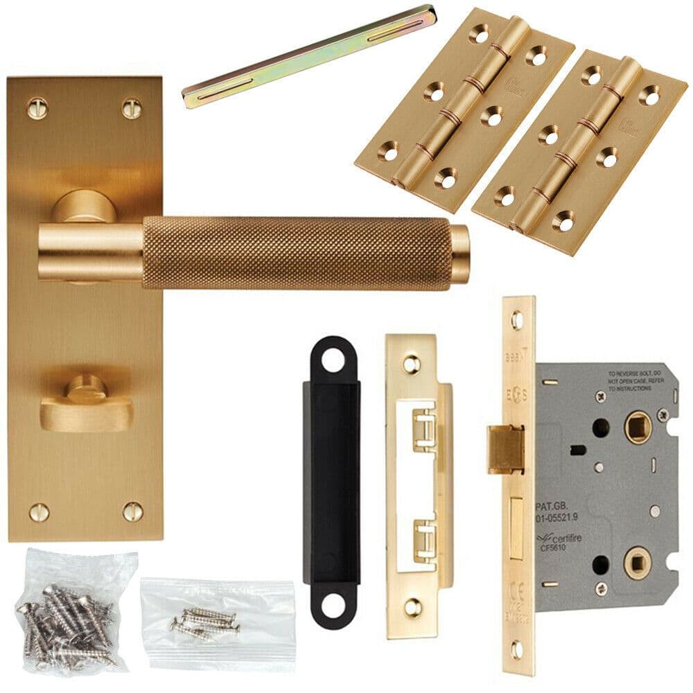 Door Handle & Bathroom Lock Pack Satin Brass Knurled Lever Turn Backplate