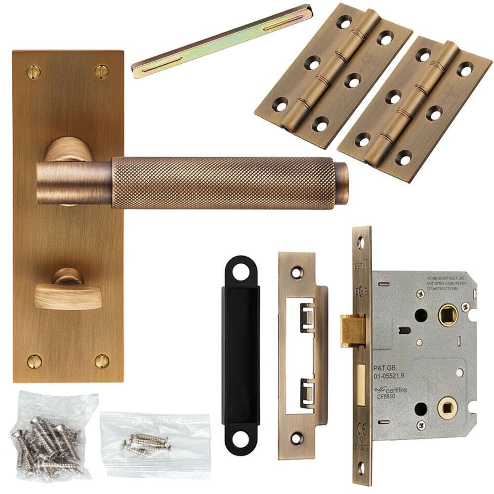 Door Handle & Bathroom Lock Pack Antique Brass Knurled Lever Turn Backplate