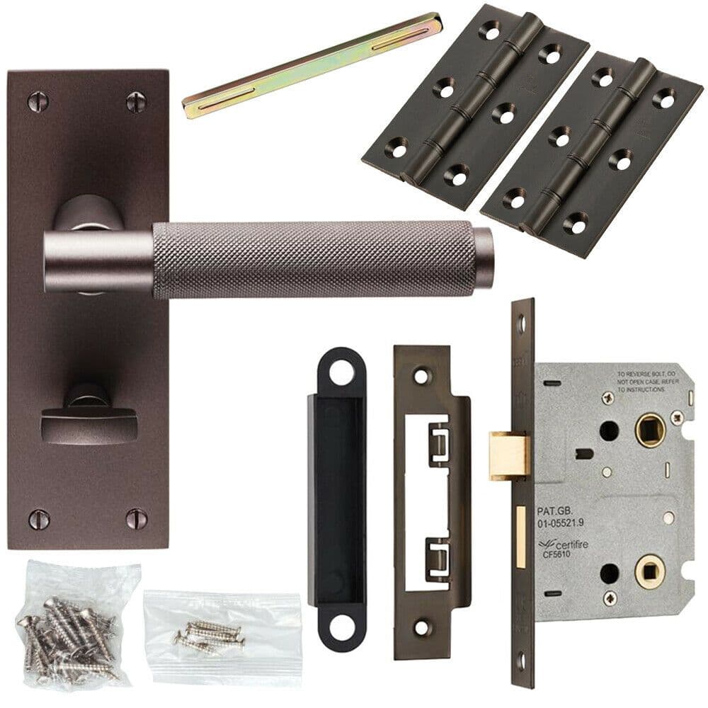 Door Handle & Bathroom Lock Pack Matt Knurled Bar Thumb Turn Backplate