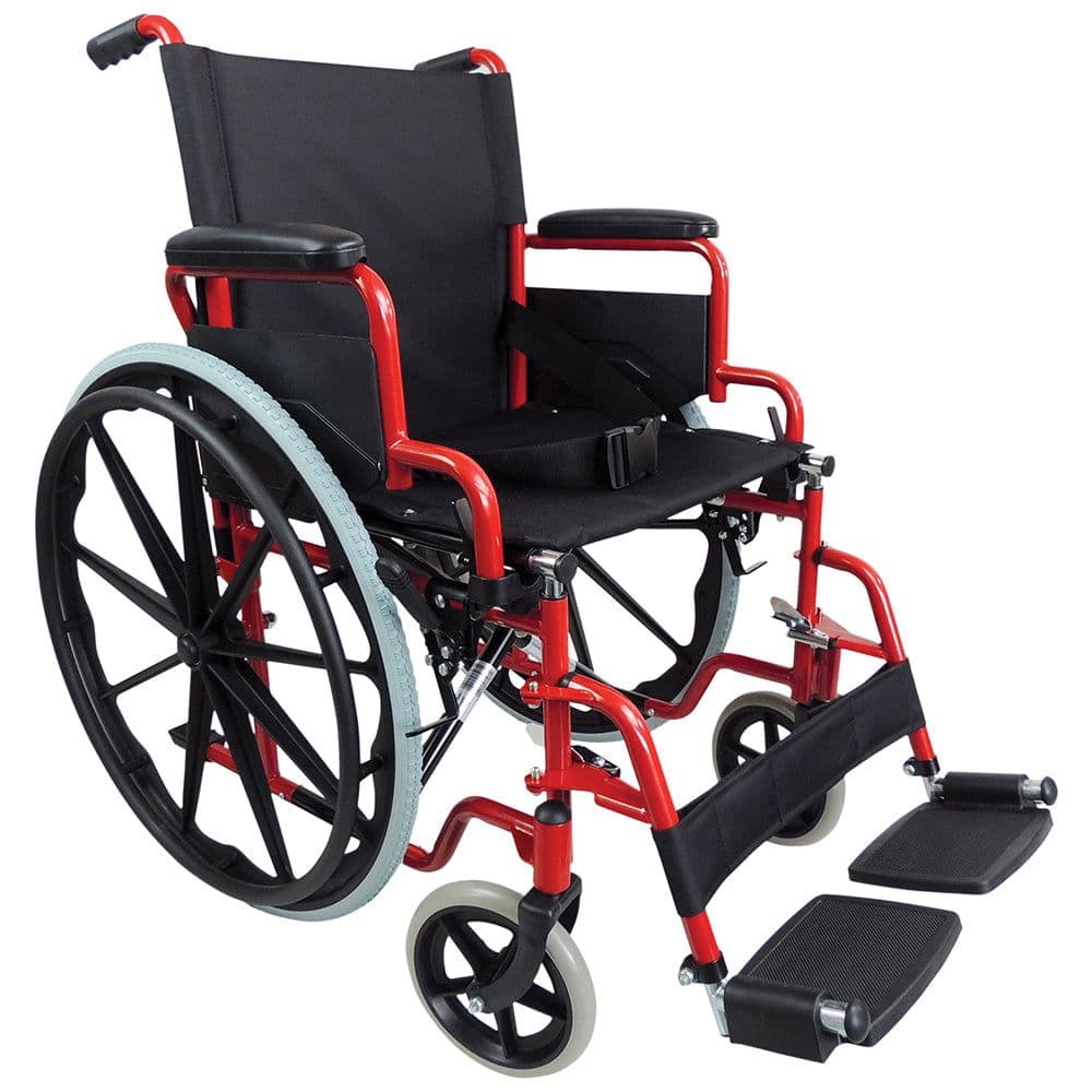 Lightweight Self Propelled Steel Transit Wheelchair - Foldable Design - Red
