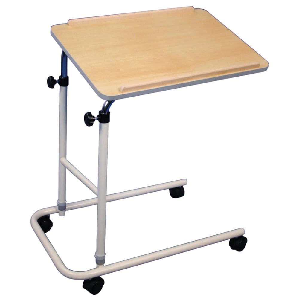 Height Adjustable Overbed Table Four Castor Wheels Beech Tabletop