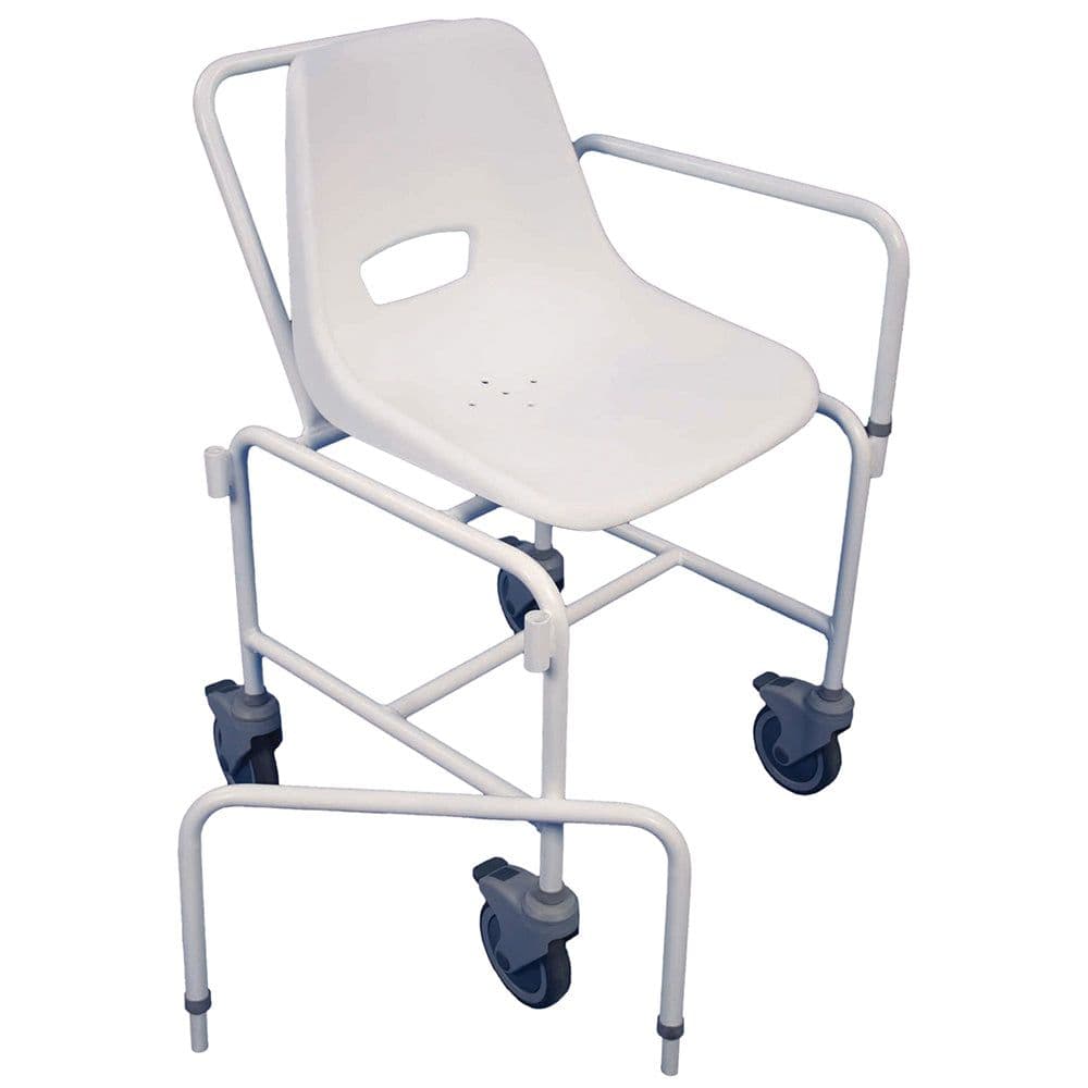 Attendant Propelled Shower Chair Detachable Arms 4 Braked Castors Easy Clean