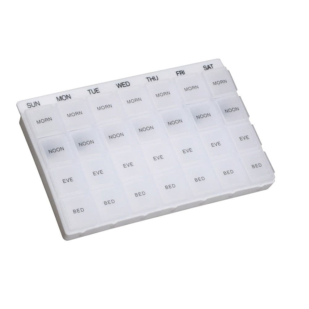 Week Day Pill Dispenser 7 x 4 Compartments Flip Top Lids Tablet Holder