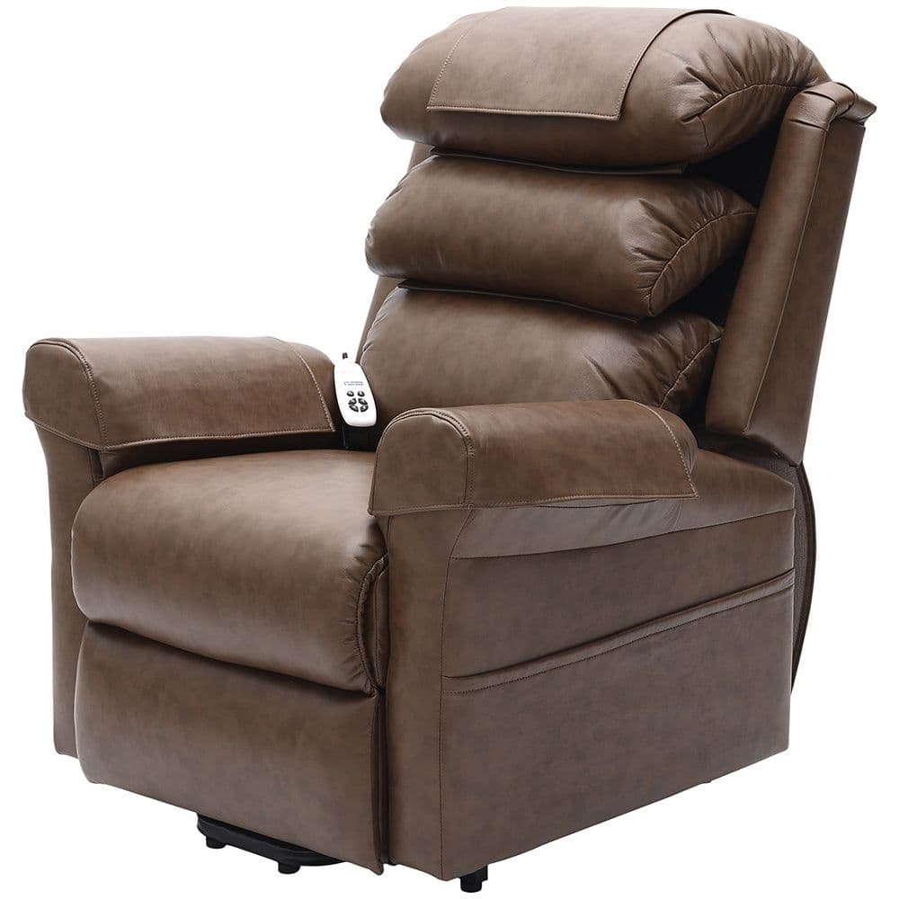 Dual Motor Rise Recline Armchair Waterfall Pillow Nutmeg PU Leather
