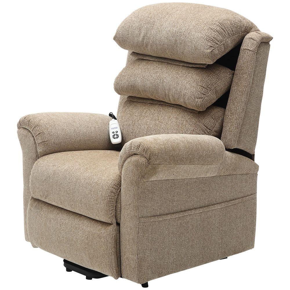 Dual Motor Rise Recline Armchair Waterfall Pillow Oatmeal Chenille Fabric