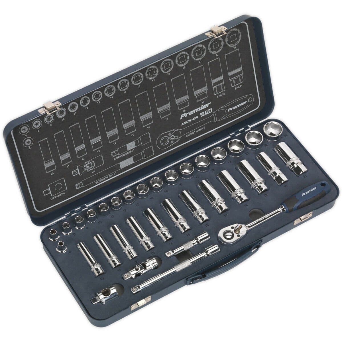 34 PACK Socket Set 3 8" Metric Square Drive 6 Point LOCK ON Rounded Heads