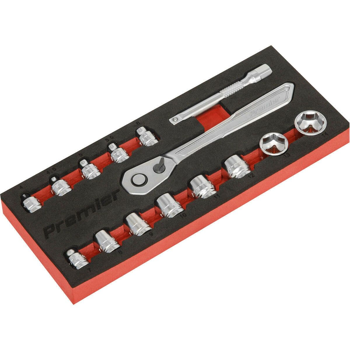 15 PACK Low Profile Socket Set 1 4" Metric Sq Drive 6 Point & Ratchet Handle