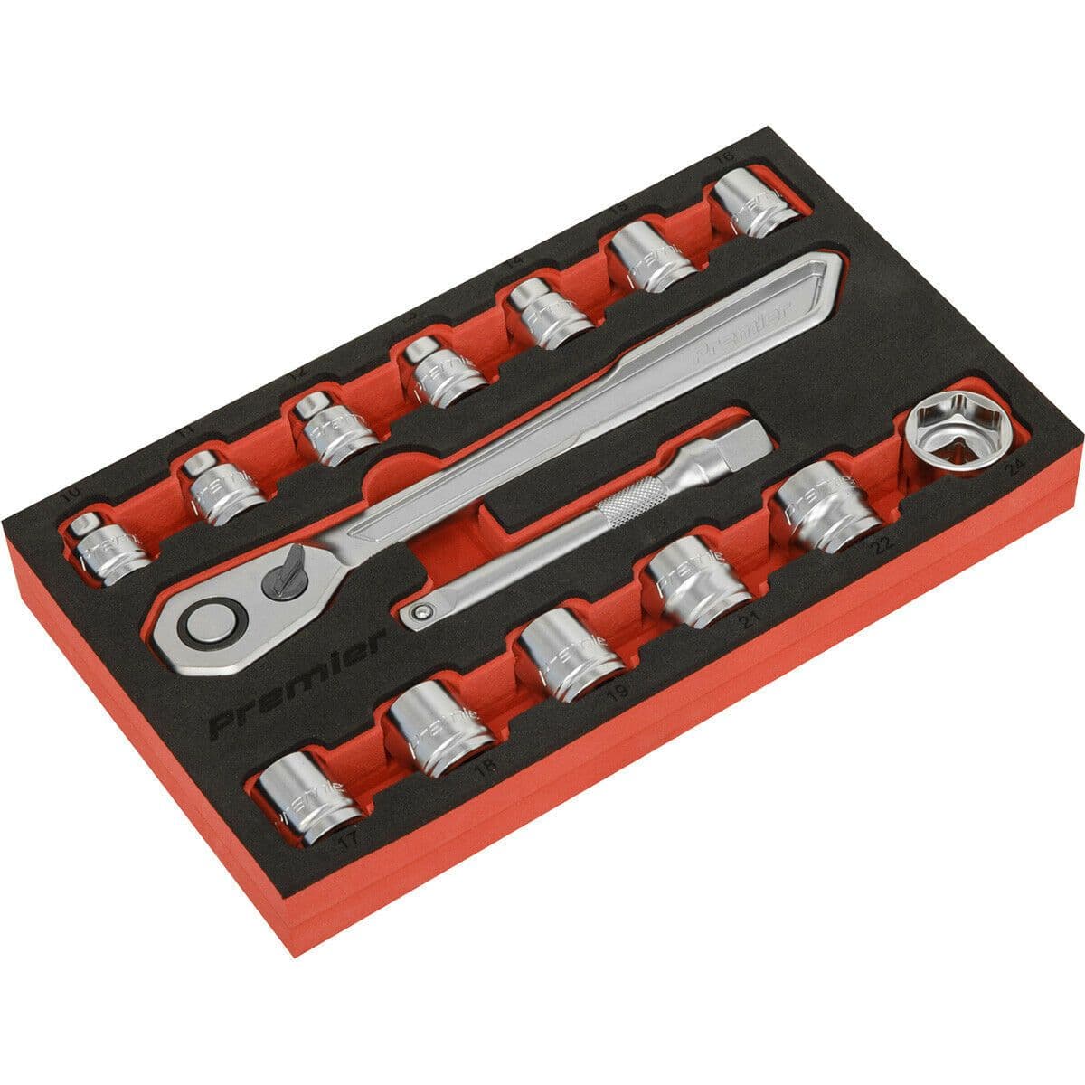 15 PACK Low Profile Socket Set 1 2" Metric Sq Drive 6 Point & Ratchet Handle