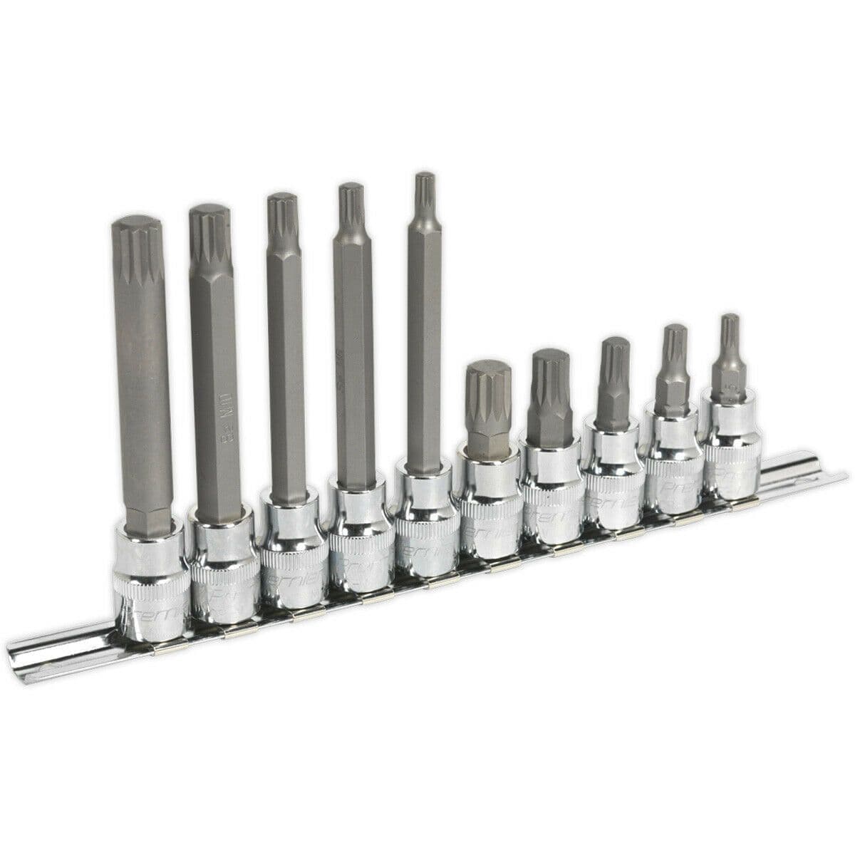 10pc Spline Socket Bit Set 3 8" Square Drive M5 to M12 Long & Short Shafts