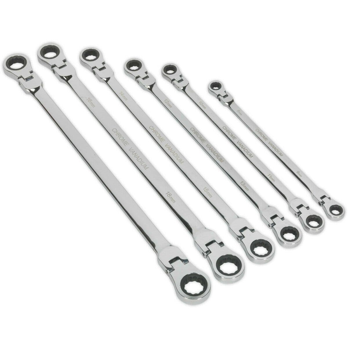 6pc Flexible Head EXTRA LONG Ratchet Ring Spanner Set 12 Point Metric Double