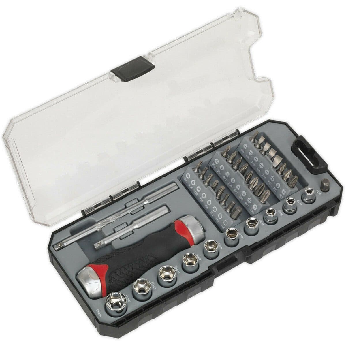 38 PACK Fine Tooth Ratchet Screwdriver Socket Bit Set Comfort Grip Handle