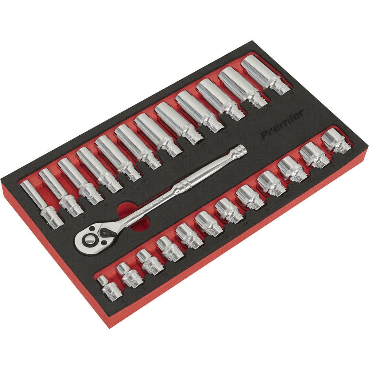 25 PACK DEEP Socket Set 3 8" Metric Square Drive 6 Point & Ratchet Handle