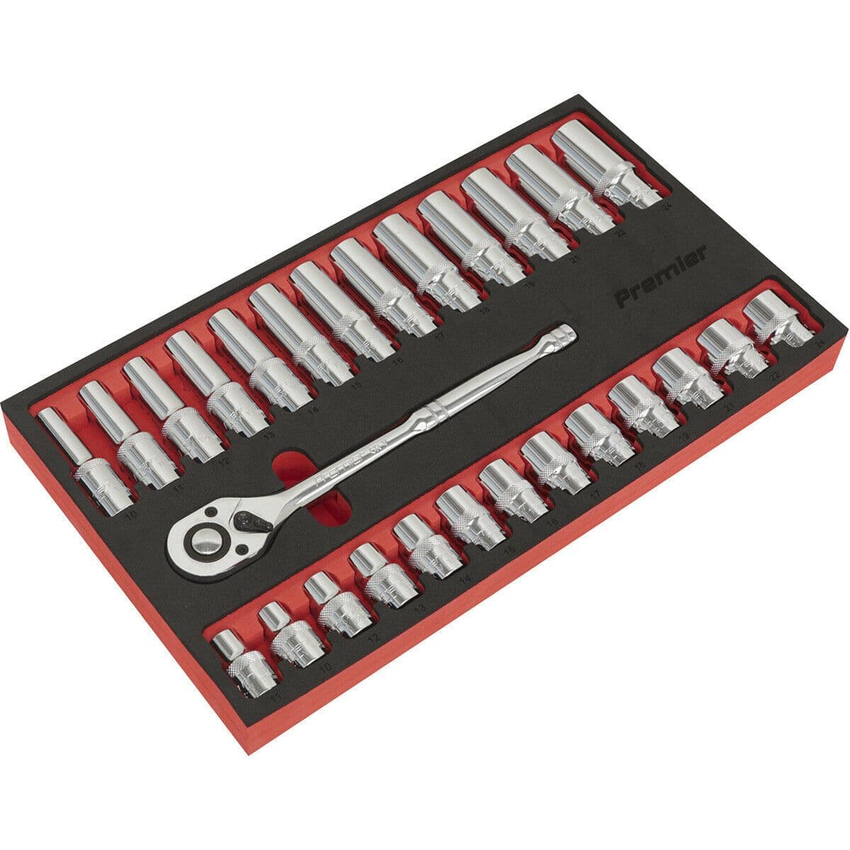 27 PACK DEEP Socket Set 1 2" Metric Square Drive 6 Point & Ratchet Handle