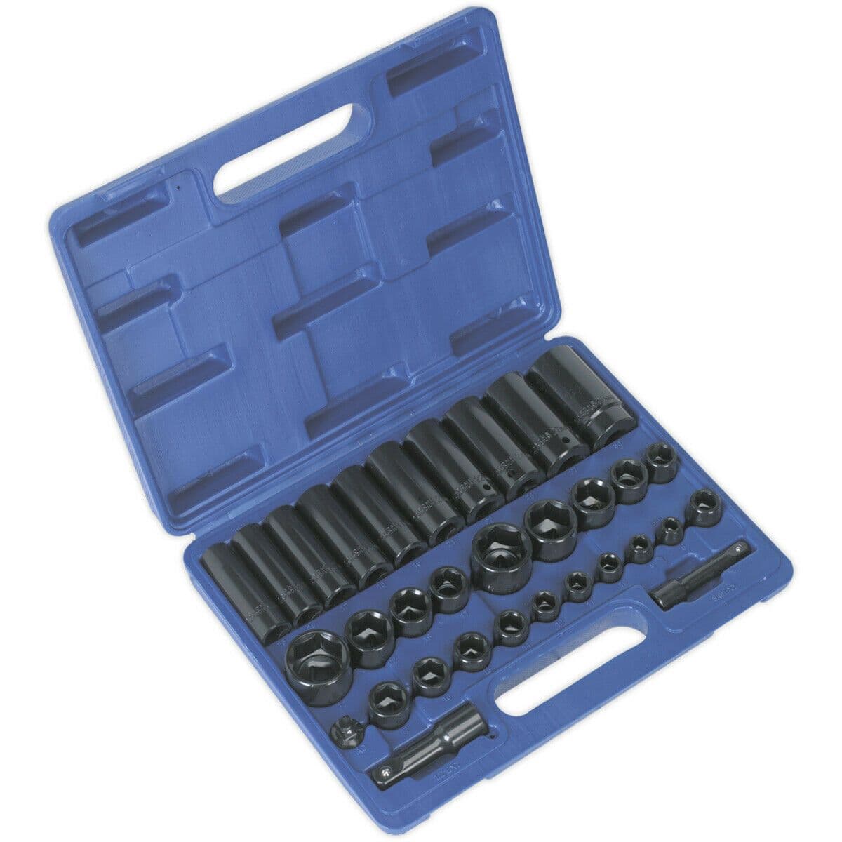 32 Piece Impact Socket Set 3 8" & 1 2" Sq Drive Standard & Deep Sockets